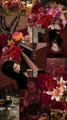 a collage of photos with flowers and wine glasses on the bottom right hand corner