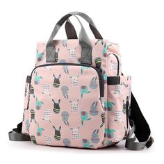 a pink backpack with an animal print on it