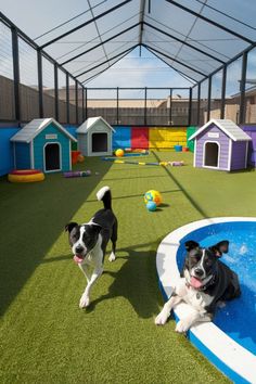 two black and white dogs playing in an indoor dog park with artificial grass, colorful houses and pool