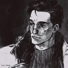 a black and white drawing of a man with glasses looking off to the side,