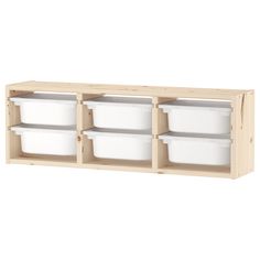 a wooden shelf with white plastic containers on the bottom and two shelves above it,