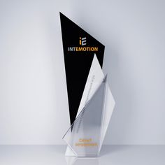 an award is displayed on a white surface with black and silver accents, including the logo