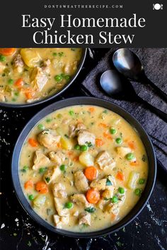 two bowls filled with chicken stew on top of a table