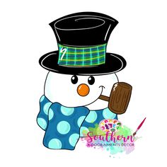 a snowman with a hat, scarf and an ice cream cone in his hand