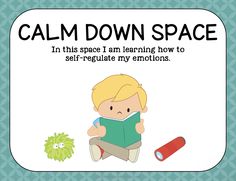 a child reading a book with the words calm down space