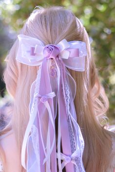 Colors: lilac and white A meticulously hand-sewn oversized hair bow clip made with organza, satin, lace, and cubic zirconia crystal charms. Fastened onto a stainless steel hair clip. Hair Bow Clip, Princess Collection, Bow Clip, Crystal Charm, Bow Hair Clips, Bow Clips, Magical Girl, Hair Bow, Hand Sewn