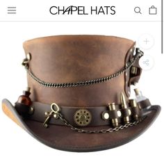 Size M/L Was Given As A Gift And Never Worn. Get Ready To Go Back In Time In Our Ultimate Steampunk Style. The Time Port Top Hat By Head N' Home Is Covered In Fun Baubles, Knick-Knacks And Features A Real Working Clock And Holster On The Side. This Hat Is Made In The Usa From 100% Black Or Brown Leather And Comes In Sizes Ranging From Medium To Extra Large To Fit Every Time Traveler. This Style Is Great For Both Men And Women And Has A Tall 6" Crown. Steampunk Vest Male, Steam Punk Top Hat, Steam Punk Hat, Steampunk Mens Fashion, Punk Hat, Steampunk Men Clothing, Steampunk Hats, Men Steampunk, Mad Hatter Top Hat