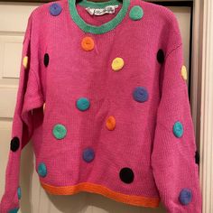 Condition: Nwot Material: 55% Ramie, 45% Cotton Width: 24" Length: 24" Sleeve Length: 20" Color: Pink With Colorful Dots Size: L Price: $45. 80s Vintage Clothes, Clothes Sketches, Mable Pines, Pines Aesthetic, 50s Sweater, Decora Harajuku, Emo Clothes, Body Action, Vintage Knit Sweater