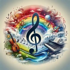 musical instruments and music notes in the shape of a rainbow