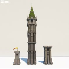 a tall tower with a flag on top next to two smaller towers that are standing in the snow