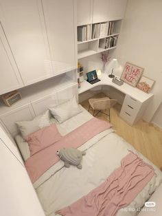 a bedroom with a bed, desk and bookcases