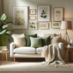 a living room filled with furniture and pictures on the wall