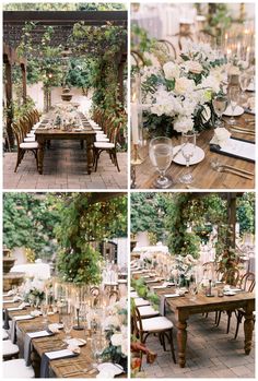 the tables and chairs are set up for an outdoor wedding reception with greenery on them