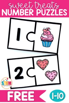 printable number puzzles for valentine's day with hearts and cupcakes on them