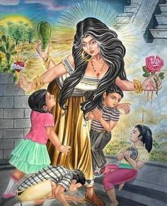 a painting of a woman with three children in front of her and the sun above her