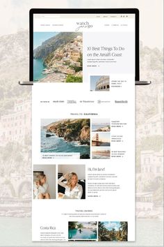 the website is displayed on top of a laptop and in front of an ocean view