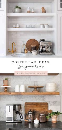 coffee bar ideas for your home with text overlaying the image and below it