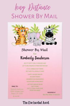 a baby shower by mail with an elephant, zebra and tiger on the front cover