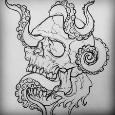 a skull with an octopus on it's head is drawn in black and white