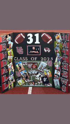 a football field with pictures and photos on it