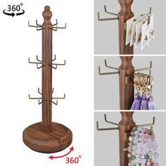 three pictures showing the size and shape of a coat rack with jewelry hanging on it