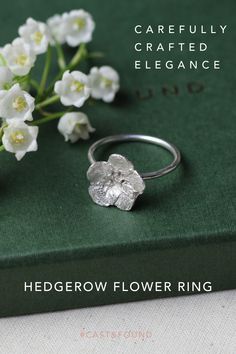 ‘Silver Flower Ring’ by UK based, independent jewellery brand Cast & Found, priced from £50. Cast in 925 silver and available to purchase online. A beautiful hedgerow flower head was the starting point for this sculpted cast design, which sits on a highly textured ring. Look closely and you can see the detail of the flower along with the prints from the hand that made it… https://castandfound.co.uk/collections/rings Hedgerow Flowers, Ethical Wedding Rings, Silver Flower Ring, Textured Ring