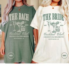 two women standing next to each other wearing matching t - shirts that say the bachelor and the bride