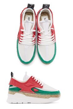 Kenzo Pink & White K-Lastic Espadrille Sneakers. Low-top panelled sneakers in white mesh and pink rubber. Suede trim in green throughout. Round toe. Webbing trim in white at vamp. White Mesh, Chuck Taylor Sneakers, Converse Sneaker