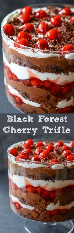 two pictures of a black forest cherry trifle with chocolate and cherries on top