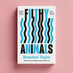 the book cover for fifty animals by brandon taylor is on a pink surface with black and blue wavy lines