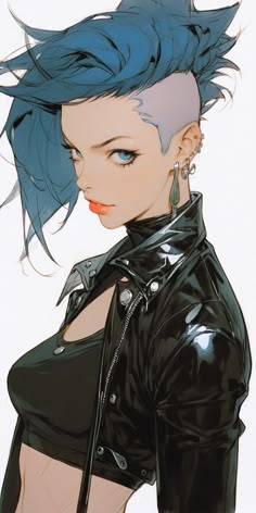 a drawing of a woman with blue hair and piercings on her ears, wearing a black leather jacket