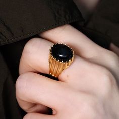 A ring that looks elegant on a high-height Synthetic Onyx. Gold Black Onyx Ring, black stone ring gold, Vintage Gold Ring, onyx oval ring. [Details] * Material > sterling Silver 92.5%,Synthetic Onyx * Color > 18k Gold plated(gold vermeil) * Size > US 6 ~ 8 (adjustable) * Weight > 4.6g Elegant Black Oval Dome Ring, Elegant Black Oval Signet Ring, Modern Black Oval Signet Ring, Elegant Black Oval Crystal Ring, Gold Oval Onyx Rings, Elegant Black Onyx Signet Ring, Black Onyx Ring Silver, Formal Black Oval Cabochon Signet Ring, Modern Black Oval Cabochon Ring