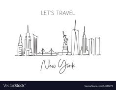 new york cityscape with the words let's travel in black and white