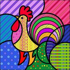 an abstract painting of a rooster with colorful circles and dots on it's back