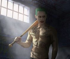 a man with green hair and tattoos holding a baseball bat in front of a window