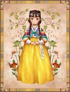 a painting of a girl in a yellow dress with flowers on the wall behind her