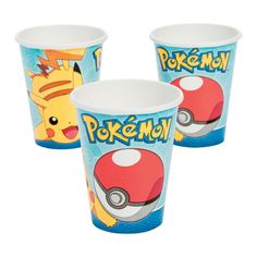 three cups with pokemon characters on them