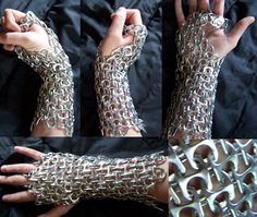 four pictures of hands with chains on them and one showing the arm, both in different positions