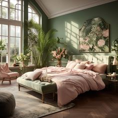 a bedroom with green walls, pink bedding and lots of plants in the corner