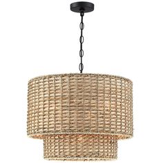 a chandelier made out of wicker with a light fixture hanging from the ceiling