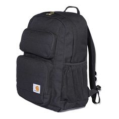 the back pack is black and has a yellow car logo on its front pocket, while it