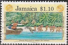 jamaica postage stamp with an image of people in a boat