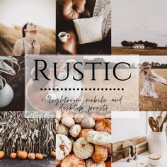 a collage of photos with the words rustic written in black, white and orange