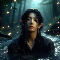 a woman with dark hair and piercings standing in water surrounded by firefly wings