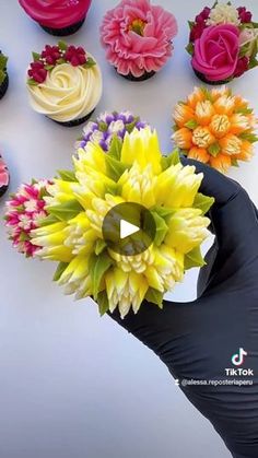 a hand holding a bunch of cupcakes with flowers on them in front of a white background