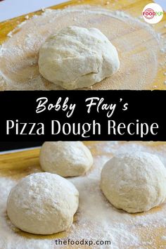 three doughnuts sitting on top of a wooden cutting board with the words baby flay's pizza dough recipe