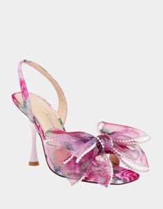 FAWN PINK FLORAL Slingback Heel | Women's Heels – Betsey Johnson White Flower Dress, Mesh Bows, Dressy Sandals, Pearl Bow, Floral Heels, Fun Heels, Betsey Johnson Shoes, Bow Sandals, Fancy Shoes