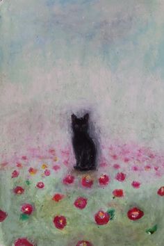 a painting of a black cat sitting in a field of red flowers with a sky background