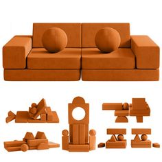 an orange couch with several different shapes and sizes