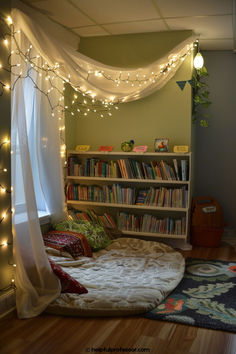 a room with bookshelves and lights in the ceiling, along with a rug on the floor